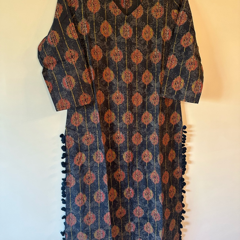 Navy Midi Dress with Rust Pattern and Pom-Pom Trim